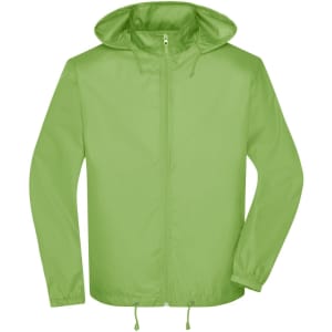 A green men's promo jacket with a hood, featuring a front zip and adjustable drawstring hem. It has a logo displayed.