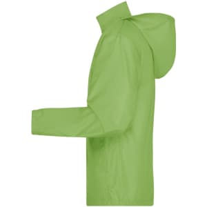 A lime green men's jacket featuring a hood and a side view design, with a branding logo present.