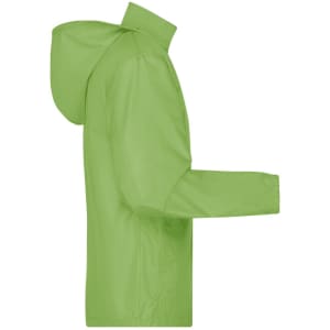 A lightweight, hooded men's jacket in bright green. The jacket has a simple design with a logo.