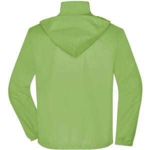 A men's promotional jacket in vibrant green, featuring a hood and elastic cuffs, with a branding logo on the back.