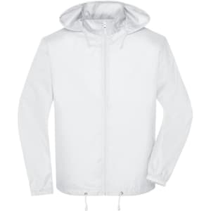 A white men's promo jacket with a hood and adjustable drawstring at the bottom. It features a zipper and elasticised cuffs.