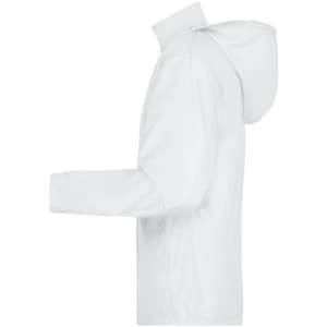 A white men's jacket with a hood, featuring a side view and a logo on the fabric.