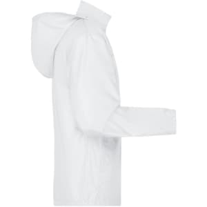 A white men's promotional jacket with a hood and long sleeves. It features a logo on the front.