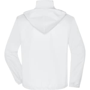 A white men's promo jacket with a hood, featuring an elasticised hem and cuffs. The back view shows a simple design.