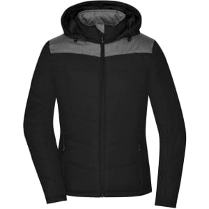 A black and grey puffer jacket with a hood, featuring a zip front and side pockets. It has a logo on the design.