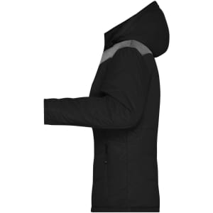 A black puffer jacket with a hood and grey detailing, featuring a side view design. It has a logo on it.