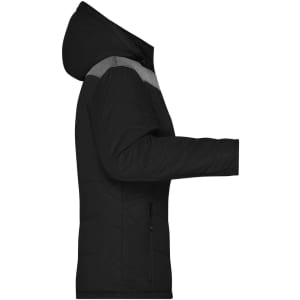 A black puffer jacket with a hood, featuring a grey accent on the shoulders and zippered pockets.