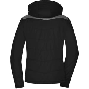 A ladies' black puffer jacket featuring a hood and grey accent along the shoulders, with a branded logo.