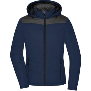 A navy blue ladies winter jacket with a hood and contrasting grey shoulder panels, featuring zippered pockets.