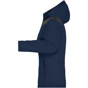A navy blue ladies' winter puffer jacket featuring a hood and zippered pockets. It has a logo on the design.