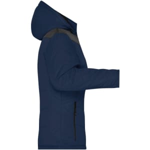A navy puffer jacket with a hood and contrasting panel, featuring side zippers and a sleek silhouette.