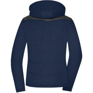 A navy puffer jacket featuring a hood and a textured design on the shoulders, complete with a logo.
