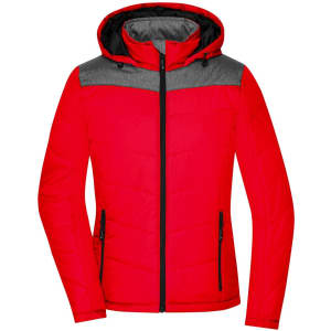 A red and grey puffer jacket featuring a hood and zippered pockets, with a logo on the design.