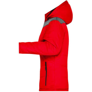 A red puffer jacket with a hood, featuring a grey shoulder detail and side zip pockets.
