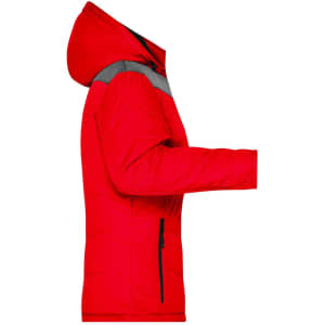 A red ladies winter puffer jacket with a hood and grey detailing, featuring zippered pockets and a fitted design.