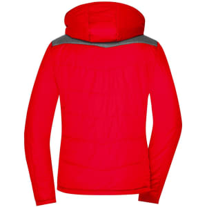 A red puffer jacket with a hood and grey detailing on the shoulders, featuring a logo.