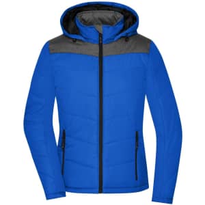 A blue puffer jacket with a grey hood and shoulder area, featuring zippered pockets and a branding logo.