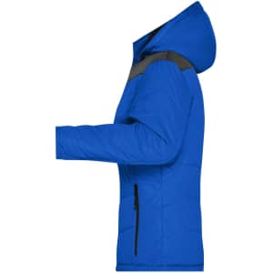 A blue puffer jacket for ladies with a hood and black details, featuring zipped pockets and a branded logo.