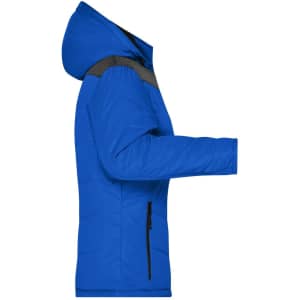 A blue puffer jacket with a hood, featuring black accents and side pockets. It has a branding logo on it.