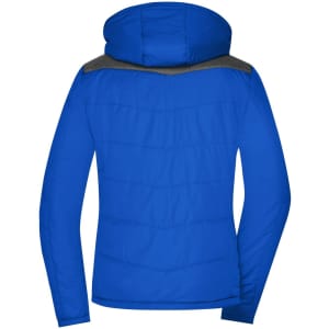 A blue puffer jacket with a hood, featuring a contrasting grey panel on the shoulders and a sleek design.