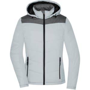 A puffer jacket in light grey with a black and grey upper design, featuring a hood and zippered pockets.
