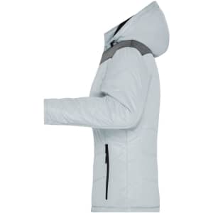 A light blue puffer jacket with a hood, featuring a grey shoulder panel and side zip pockets.
