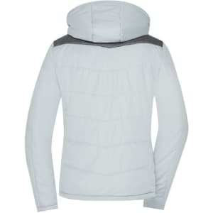 A puffer jacket in light grey with a hood and textured detailing on the shoulders, featuring an unspecified logo.