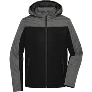 A men's winter puffer jacket featuring a black and grey design with a hood and zippered pockets. It has a logo.