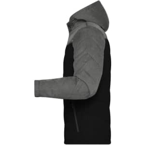 A men's winter jacket featuring a grey hood and sleeves, with a black body and a logo on the chest.
