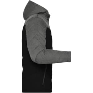 A men's puffer jacket featuring a grey hood and sleeves with a black body, designed for winter wear.