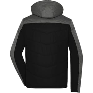A men's puffer jacket in black with grey accents and a hood, featuring a quilted design on the back.