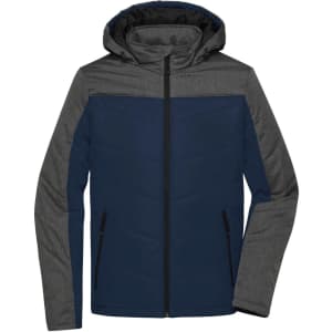 A navy and grey puffer jacket with a hood, featuring zippered pockets and a branded logo.