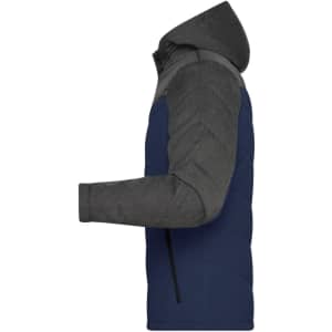 A puffer jacket in navy blue and grey with a hood, featuring a sleek, modern design and a logo.