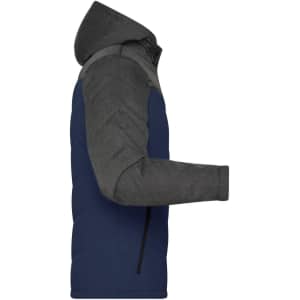 A men's winter puffer jacket featuring a navy blue body and grey sleeves with a hood. It has a logo on the front.