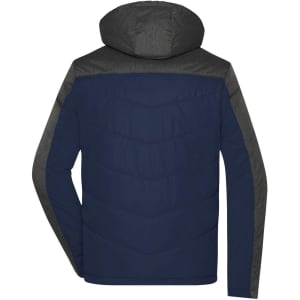 A men's winter puffer jacket featuring a navy blue body and grey shoulder detailing with a hood. It has a logo on the back.
