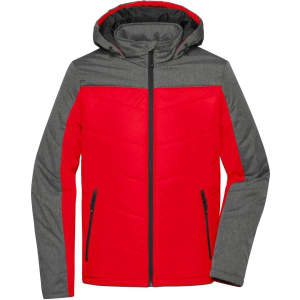 A puffer jacket featuring a red body with grey sleeves and a hood, complete with a zipped front and side pockets.
