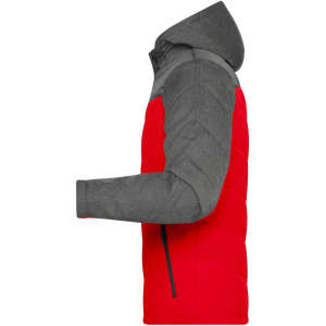 A men's winter jacket featuring a red body and grey sleeves, with a hood and a side zip pocket. It has a logo present.