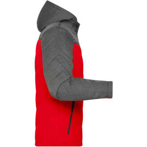 A puffer jacket featuring a red body with grey sleeves and a hood, showcasing a side view.