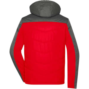 A red puffer jacket with a grey hood and shoulder detailing, featuring a quilted texture and long sleeves.