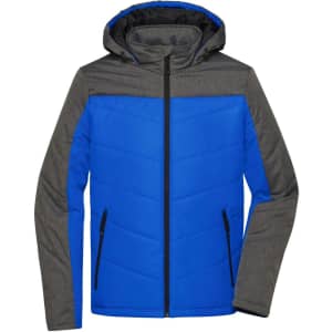A puffer jacket featuring a blue body and grey sleeves, with a hood and zippered pockets. It has a logo on the chest.