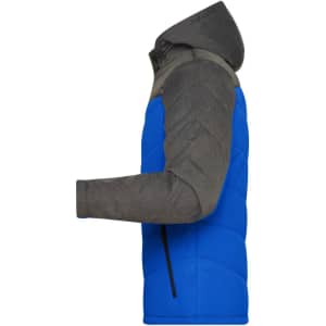 A men's winter jacket featuring a blue puffer body and grey sleeves, with a hood and a side zip pocket.