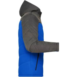 A men's puffer jacket featuring a blue body and grey sleeves, with a hood and zip closure. It has a branding logo.