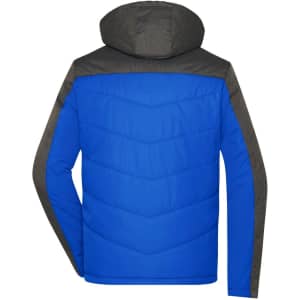 A men's winter jacket featuring a bright blue body and grey accents, with a hood and a logo.