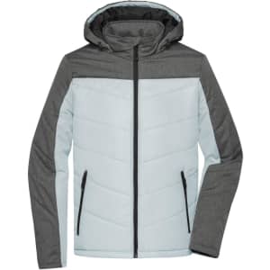 A men's winter puffer jacket in light blue and grey, featuring a hood and zipped pockets. Contains a logo.