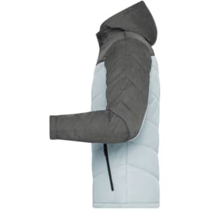 A men's winter puffer jacket featuring a grey hood and sleeves with a light blue body. It has a logo on the sleeve.