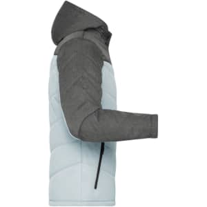 A men's winter puffer jacket featuring a light blue body and dark grey sleeves, with a hood and zippered front.