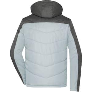 A men's winter puffer jacket in light blue and dark grey, featuring a hood and chevron pattern on the back.