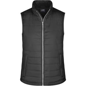 A black padded vest featuring a zip front and a high collar, designed for ladies. It includes a logo on the front.