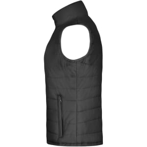 A black ladies padded vest with a high collar and side zippered pocket, featuring a sleeveless design.