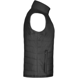 A black padded vest featuring a zip pocket and sleeveless design. The vest has a clean, modern look.